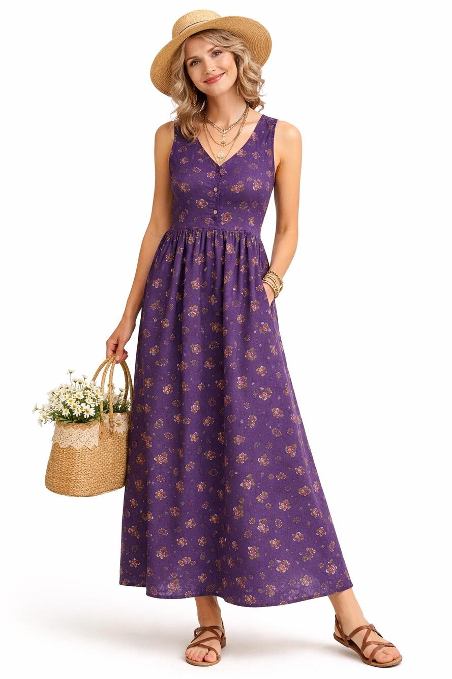 Vintage Bobbie Brooks Corduroy Bib Midi Dress M Purple Floral Bohemian Grandma